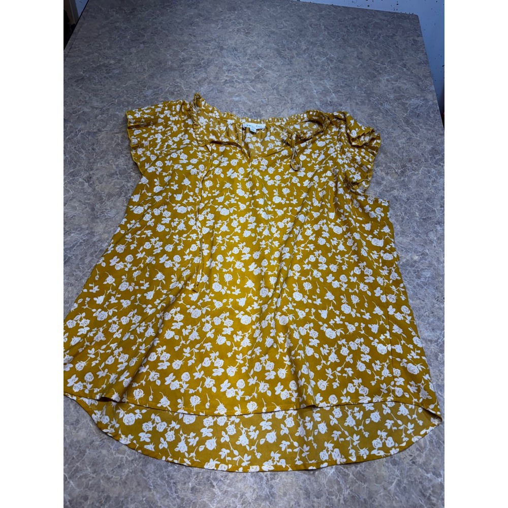 Grace & Lace Mustard Yellow Floral Flutter Sleeve Tie Neck Blouse XL